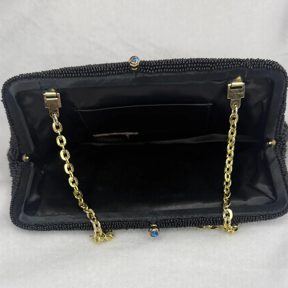 Vintage Black Beaded Kisslock Clutch Handbag and Coin Purse Set Made in Japan